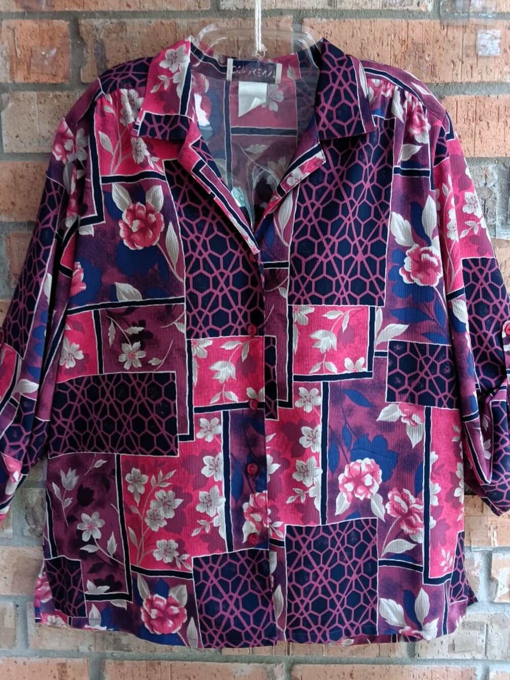Donnkenny Women's Shirt Top Blouse Button Up 3/4 Sleeves Roll Tab Size 2XL